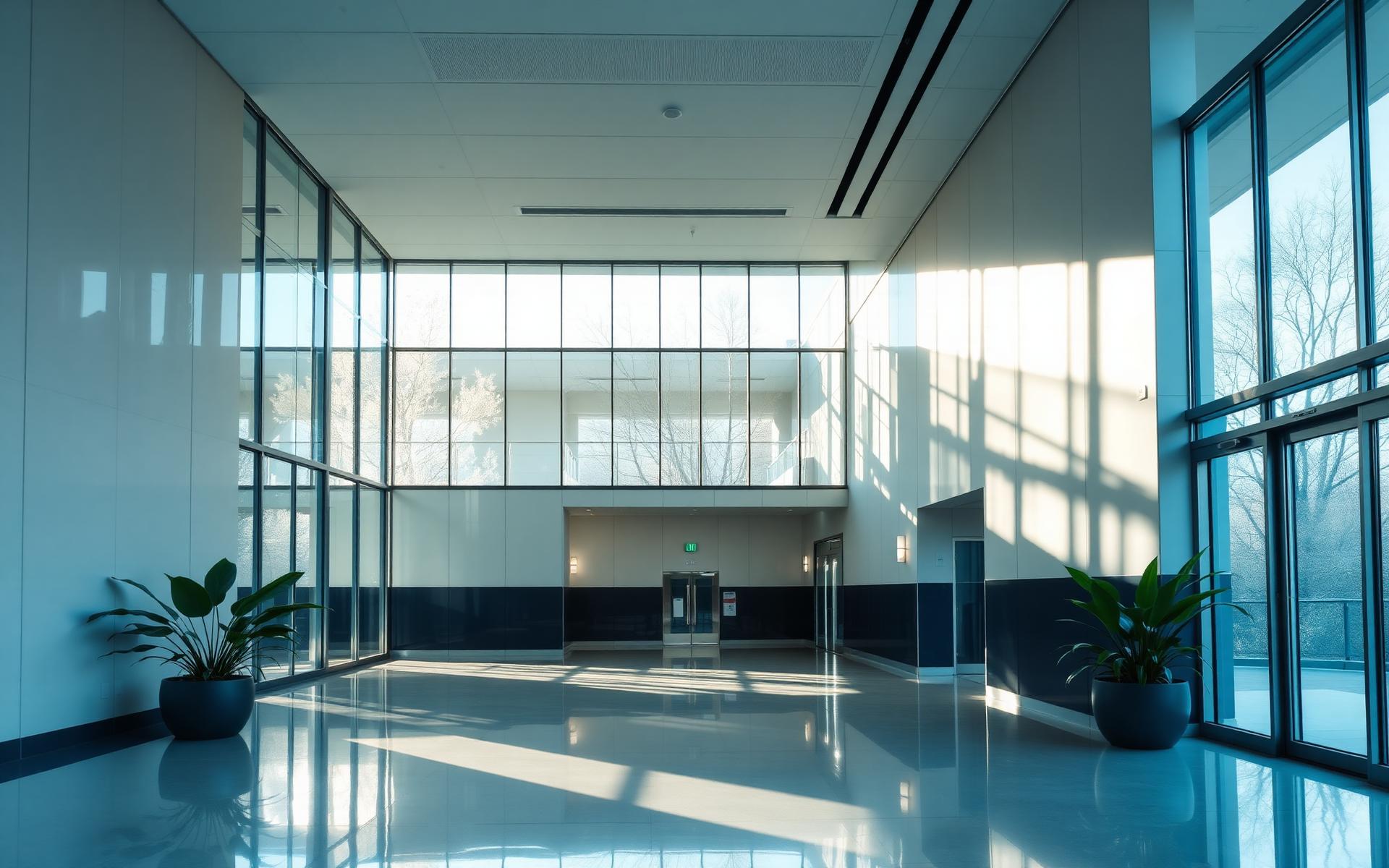 NovaCare hospital lobby with morning sunlight through glass walls